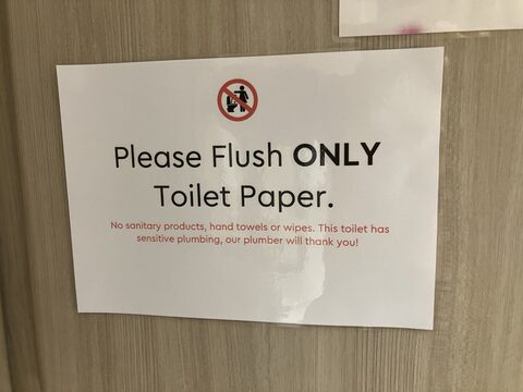 A laminated white sign on a wood-grain cubicle wall asking users to flush only toilet paper because the toilet has sensitive plumbing.